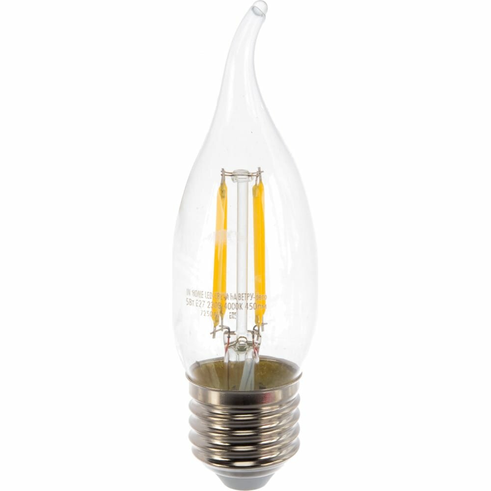 Светодиодная лампа IN HOME led-свеча на ветру-deco 5Вт 230В Е27 4000К 450Лм прозрачная 4690612007656