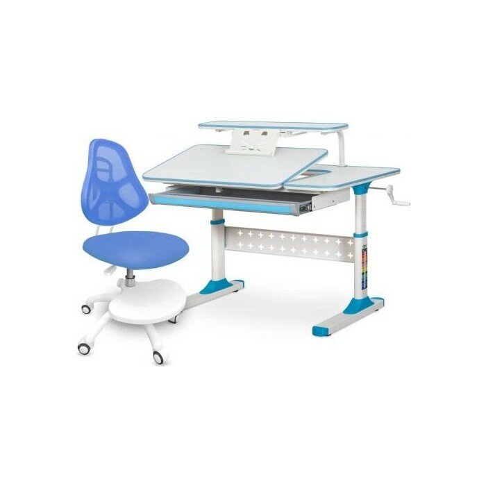 Комплект ErgoKids Парта TH-320 blue + кресло BL (TH-320 W/BL + Y-400 BL) столешница белая/накладки на ножках голубые - фотография № 1