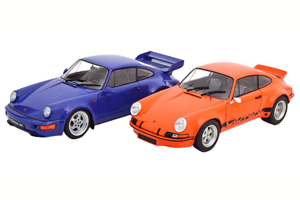 PORSCHE 911 RSR AND 911 (964) RS SET WITH 2 MODELCARS ORANGE BLACK AND BLUE | PORSCHE 911 RSR + 911 (964) RS набор из 2-Х моделей 1:18