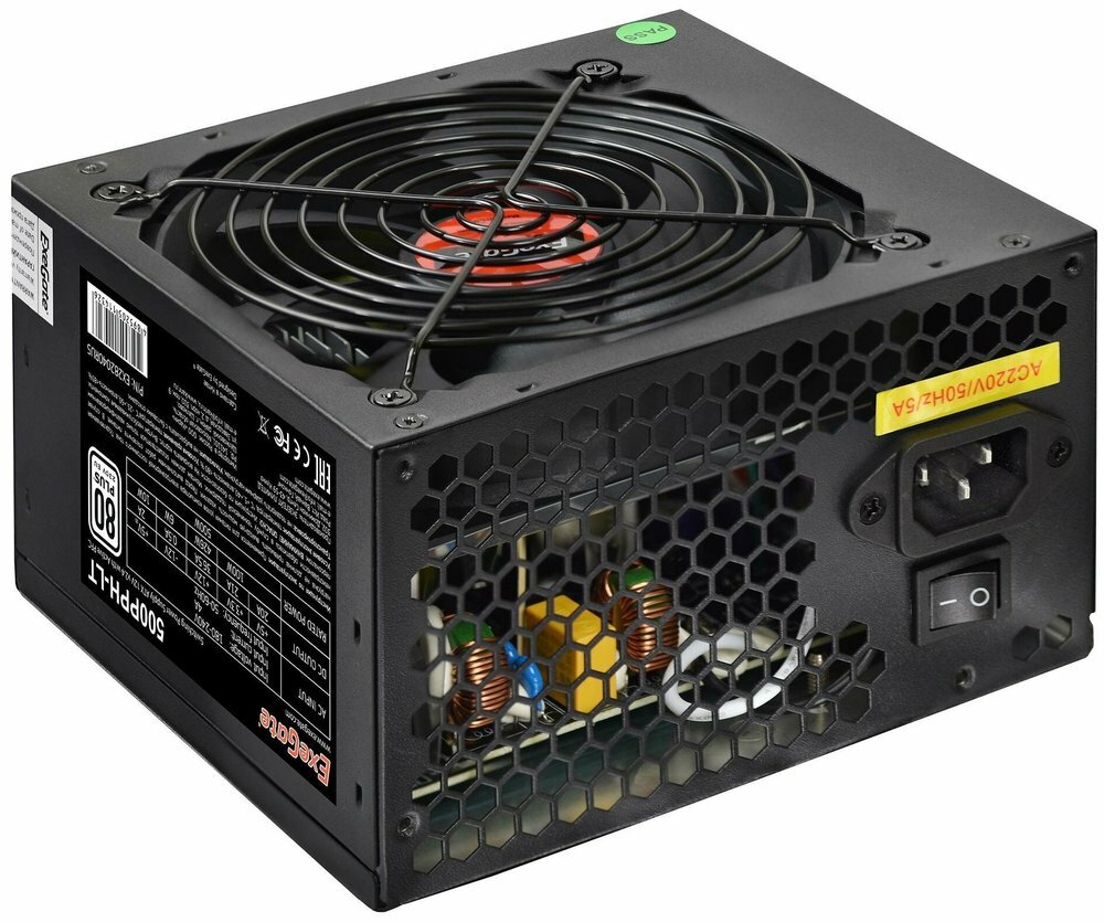 Блок питания БП 500W ExeGate 500PPH-LT, 80+, Atx, black, Apfc, 12cm, 24p, (4+4)p, 5*SATA, 3*IDE Ex28 .