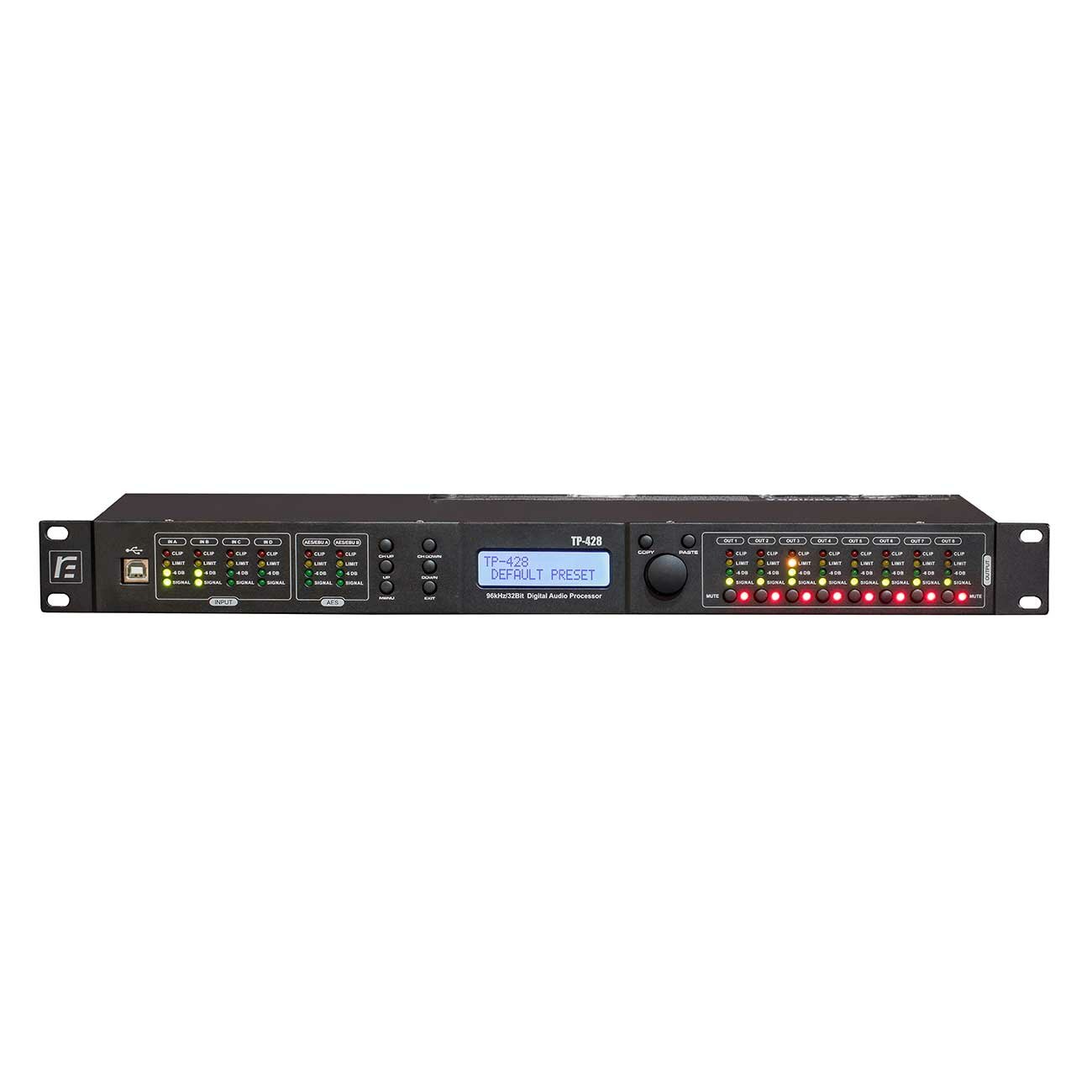RFIntell TP-428PRO Спикер-процессор, 4 аналоговых+2 AES вх. х 8 вых. 64бит/96кГц, FIR, USB/Ethernet, Windows/Maс, 1U