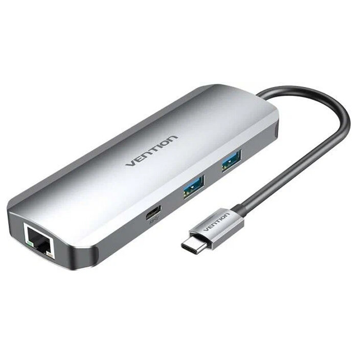 Док-станция Vention Multi-function USB-C to HDMI/USB-C Gen 1/USB3.0x2/RJ45/SD/TF/TRRS 3.5mm/PD TOMHB silver