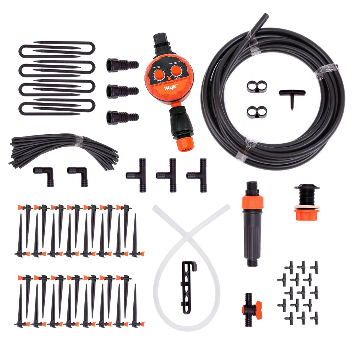 Комплект для капельного полива Жук, от емкости, регулируемые капельницы, с таймером, 60 растений - фотография № 1