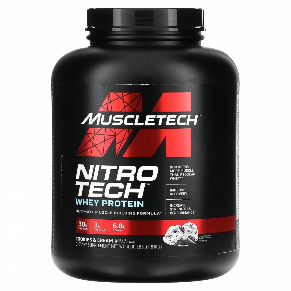 Muscletech, Nitro Tech, Whey Protein, Ultimate Muscle Building Formula, Cookies and Cream, 4 lbs (1.81 kg)