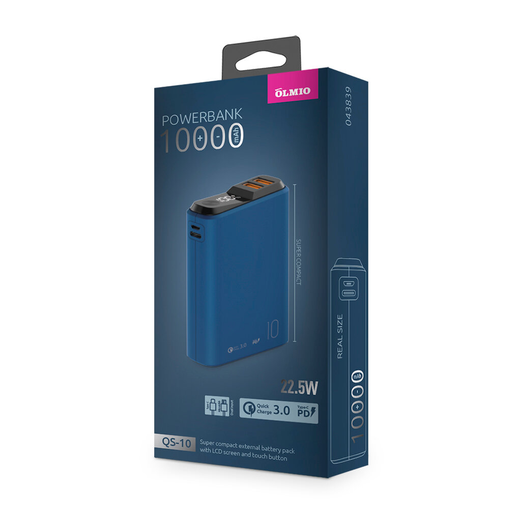 Портативное зарядное устройство Olmio QS-10 10000mAh, 20W, QC 3.0, темно-синий