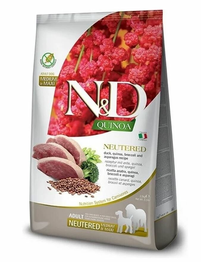 Farmina N&D Quinoa корм для стерилизованных собак средних и крупных пород утка брокколи и спаржа 12 кг