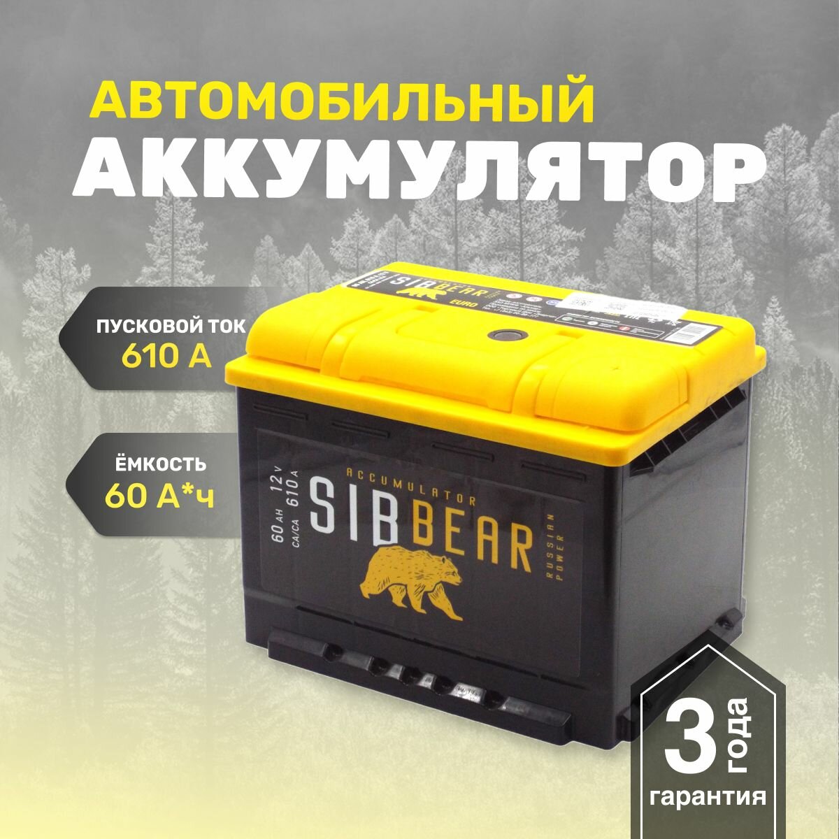 Аккумулятор автомобильный SIBBEAR 60 А*ч о. п 242х175х190 Обратная полярность