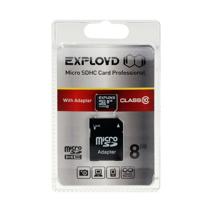 Карты памяти Без бренда Карта памяти Exployd MicroSD, 8 Гб, SDHC, класс 10, с адаптером SD