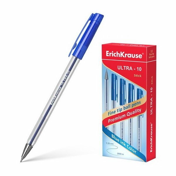 Ручка шариковая Erich Krause ULTRA-10, узел-игла 0.7 мм, толщина линии 0.26 мм, чернила синие, длина линии письма 2000 метров, 12 шт.