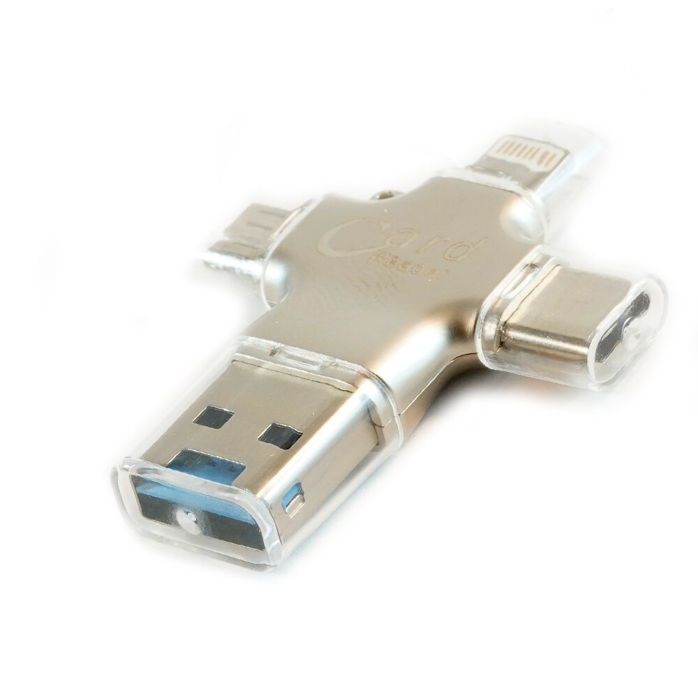 Кардридер без бренда, пластик, Type-C, 8 pin, microSD, USB, цвет: серебряный