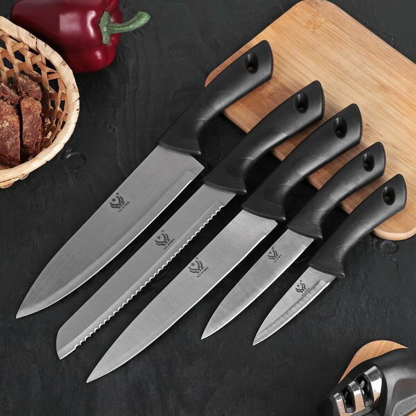 Набор кухонных ножей "Энеолит", 5 предметов: лезвие 8.5 см, 12.5 см, 19.5 см, 20 см, 20 см, цвет чёрный