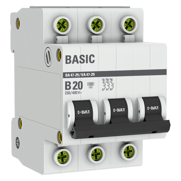 Автоматический выключатель 3P 20А (B) 4,5кА ВА 47-29 Basic | код. mcb4729-3-20-B | EKF (10шт. в упак.)