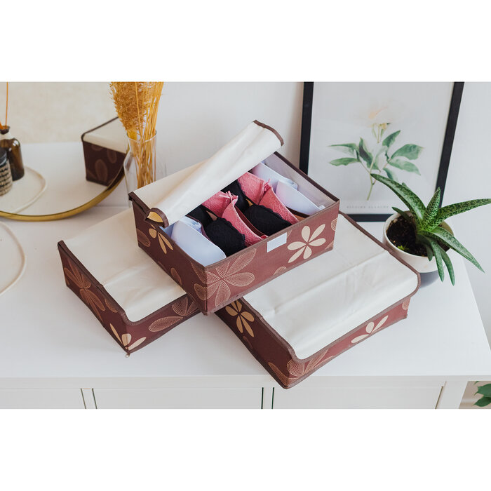 Набор органайзеров для хранения белья с крышкой «Листочки», 3 шт, 32×24×12 см, цвет коричневый - фотография № 1