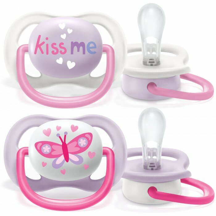 Avent Пустышка силиконовая Ultra Air Lime Kiss me/Бабочка 0-6 мес для девочек SCF080/14, 2 шт