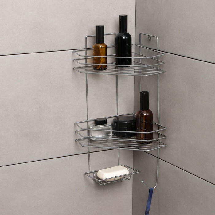 фото Полка угловая с мыльницей и вешалкой 2-х ярусная, 25,5×42,5 см, цвет хром