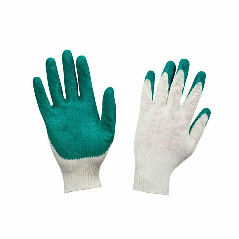 Перчатки рабочие защитные хлопковые трикотажные с латексным покрытием белые/зеленые 13 класс универсальный размер 200 пар в упаковке, 1572050