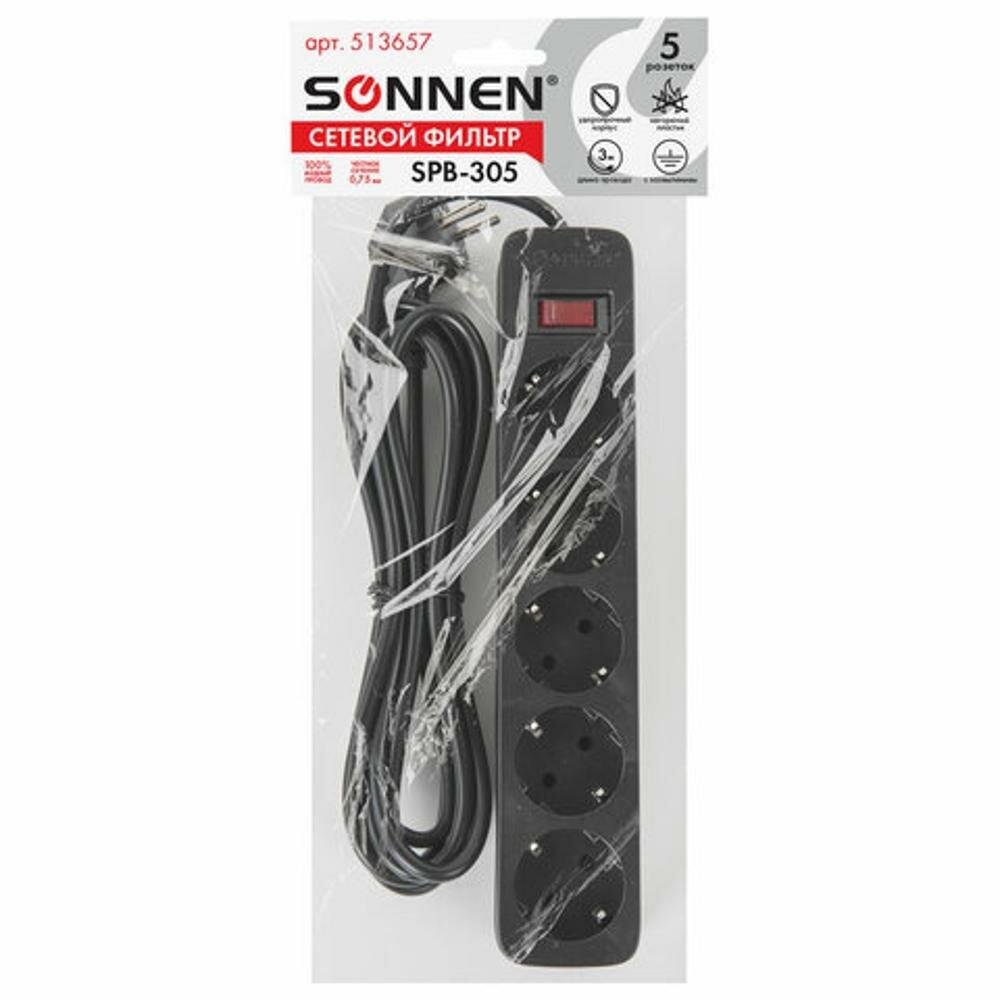 Сетевой фильтр SONNEN SPB-305 5 розеток с заземлением выключатель 10 А 3 м черный, 2 шт - фотография № 8