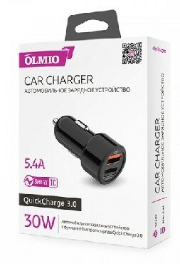 Автомобильное зарядное устройство OLMIO 38718 2xUSB, 5.4A, QC3.0+SMART IC, черный