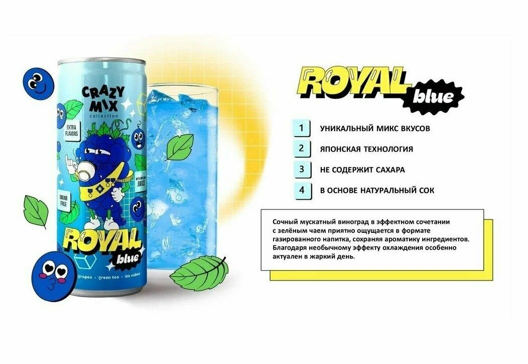 Газированный напиток Crazy Mix Royal Blue (виноград) без сахара в банке, 12 шт./ Японская газировка оптом/ - фотография № 3