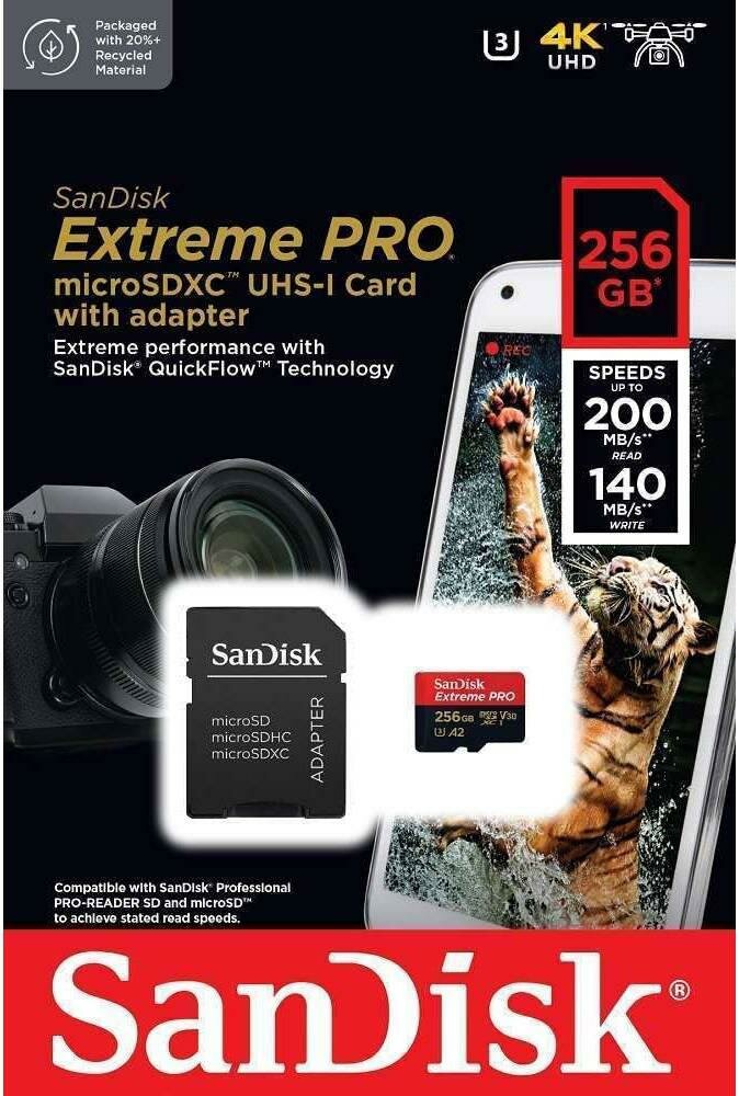 Карта памяти microSDXC SanDisk 256Gb Extreme Pro 200/140Mb/s A2 V30 U3 SDSQXCD-256G-GN6MA, 1шт.