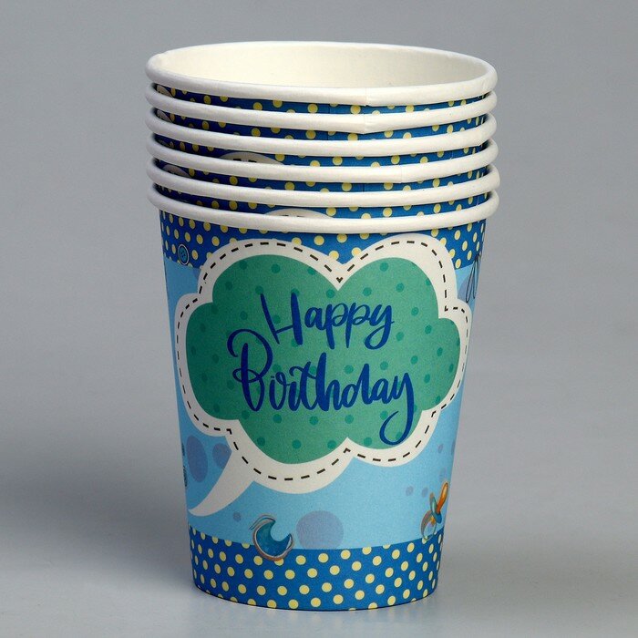 Стакан бумажный «С днём рождения», мишка, в наборе 6 штук, голубой - фотография № 2