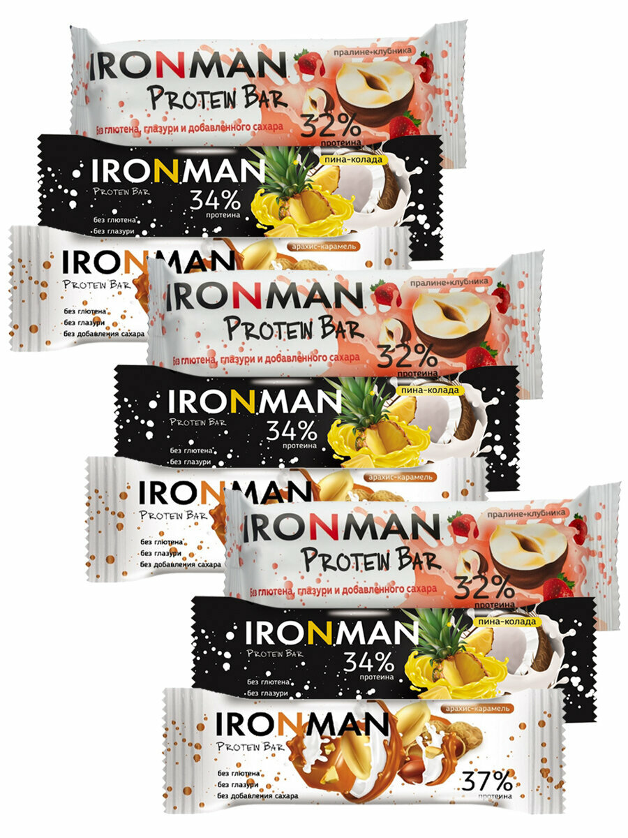 Ironman 32-37% Protein bar без сахара, Ассорти 9х50г (Арахис, Клубника, Пина-Колада) Протеиновый батончик для похудения и набора мышечной массы