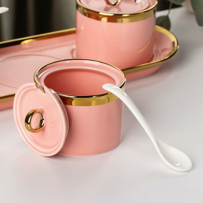 Набор банок керамических с ложками на подставке «Акварель», 3 предмета: 220 мл, цвет розовый - фотография № 2