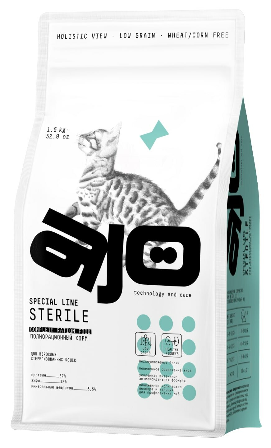Сухой корм AJO Cat Sterile для активных стерилизованных кошек с высоким содержанием белка 1,5 кг - фотография № 1