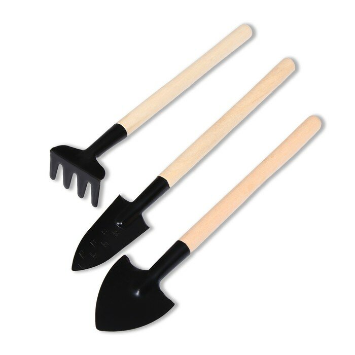 Набор инструментов 3 предмета: грабли 2 лопатки длина 20 см деревянные ручки