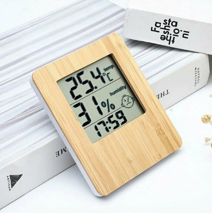 Часы, будильник настольный с термометром и гигрометром C-4 (бамбук) - фотография № 3