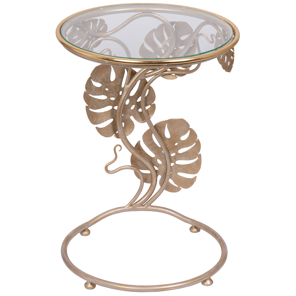 Столик приставной кованый BOGACHO Monstera Deliciosa декор в виде листьев столешница стекло цвет кремовый ручная работа - фотография № 6