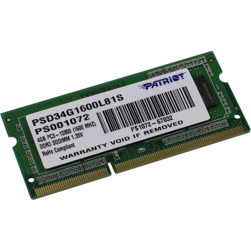Модуль памяти Patriot SO-DIMM DDR3L 4GB 1600MHz CL11 1.35V (PSD34G1600L81S)