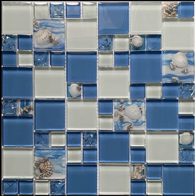 Мозаика стеклянная с натуральными раковинами в средиземноморском стиле (голубой крупные частицы К4832) - фотография № 5