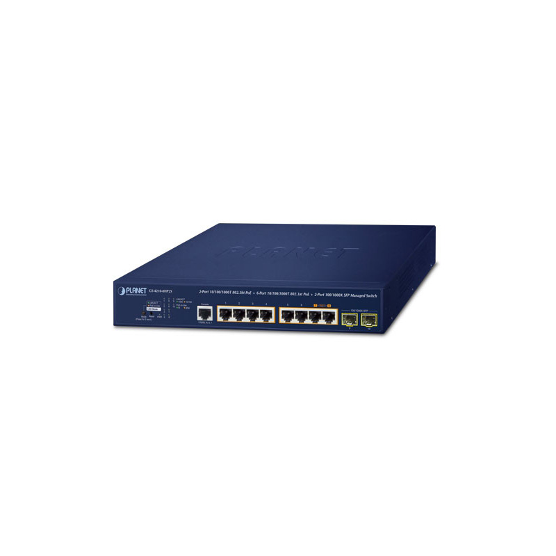 коммутатор/ PLANET GS-4210-8HP2S IPv6/IPv4,2-Port 10/100/1000T 802.3bt 95W PoE + 6-Port 10/100/1000T 802.3at PoE + 2-Port 100