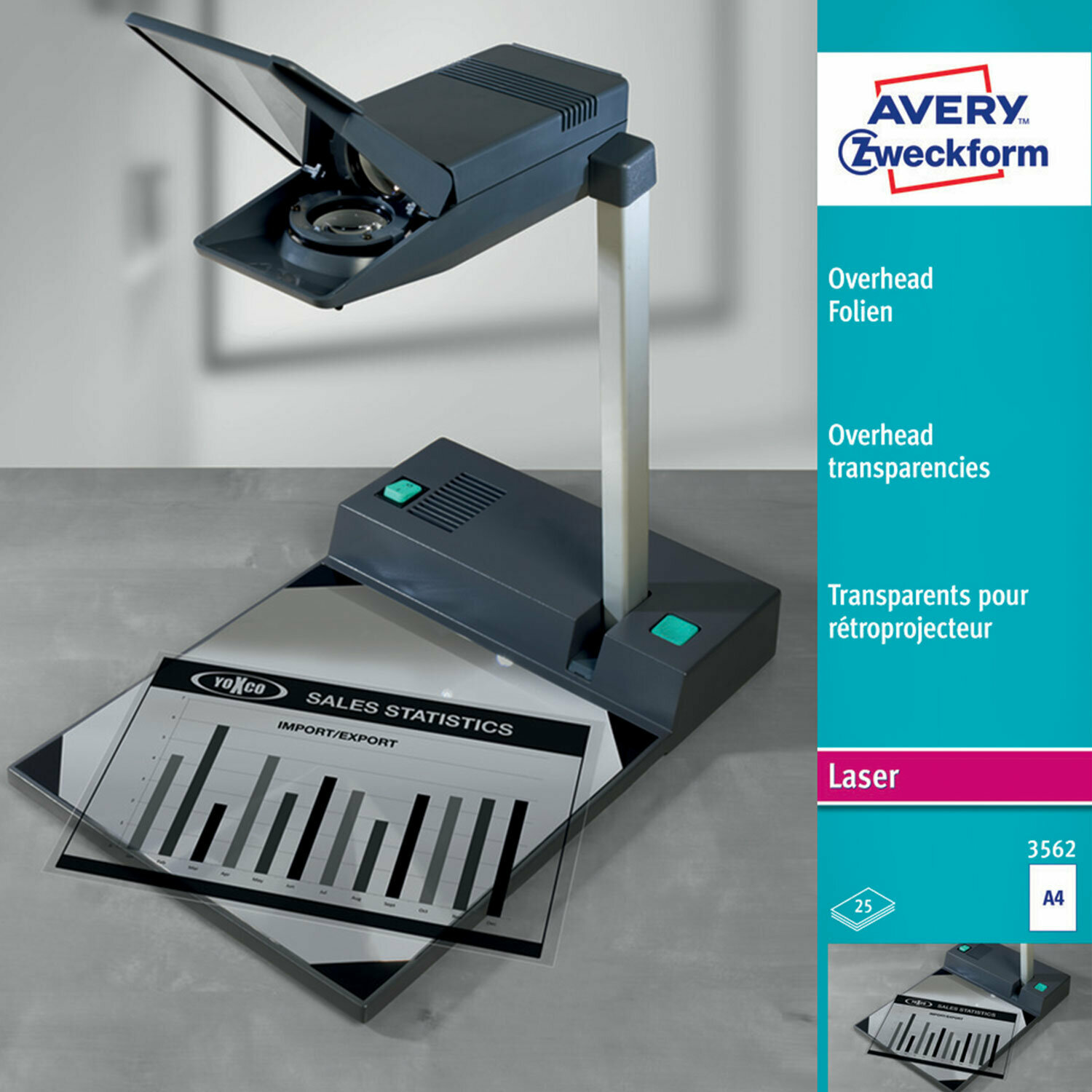Пленка для проекторов А4 ч/б лазерная печать полиэстер прозрачная 100 мкм 25 листов Avery Zweckform 3562 /Квант продажи 1 ед./