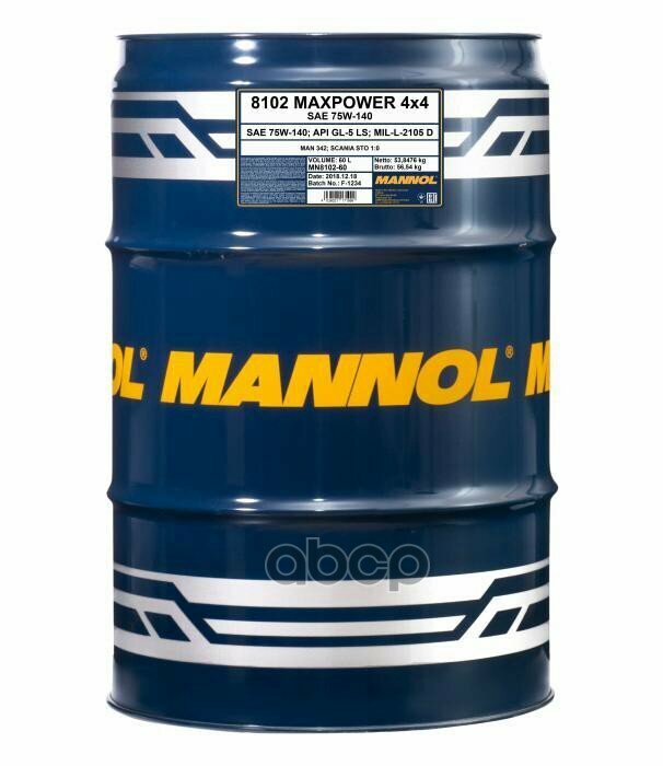 8102-60 Mannol Maxpower 4x4 75w140 Синтетическое Трансмиссионное Масло 75w-140 60л MANNOL арт. MN8102-60