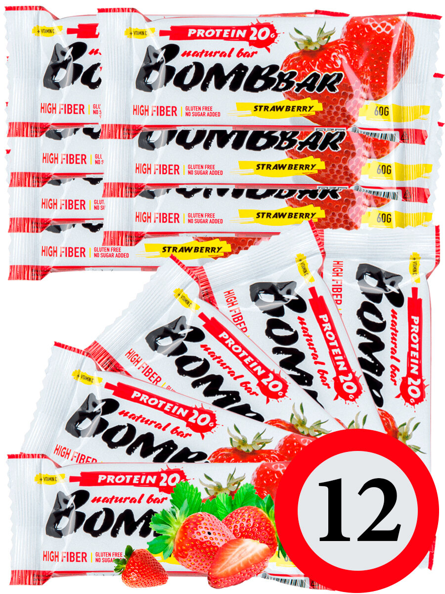 Протеиновый батончик Bombbar Protein Bar 12 x 60 г, Клубника