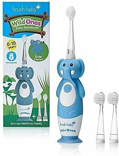 Brush-Baby WildOnes Детская электрическая аккумуляторная зубная щетка Elephant, 1 ручка, 3 насадки-щетки, USB-кабель для зарядки, для детей 0-10 лет (Elephant)