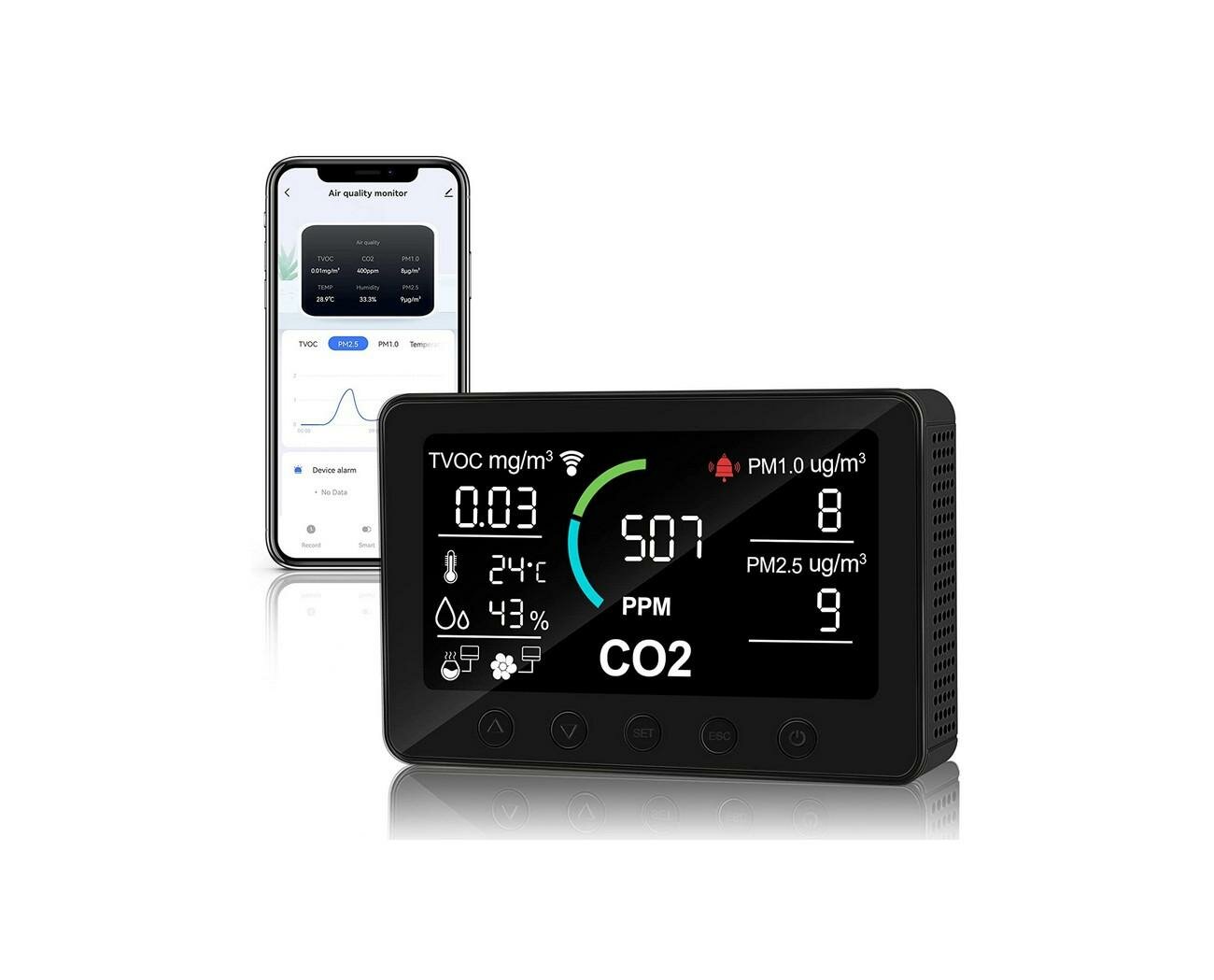 фото Умный автономный Tuya Wi-Fi датчик-детектор (монитор качества воздуха) 6 в 1 - Mod: HTI 0261(BT) (EU) (S19912PT0) в комплекте с умной розеткой. RS48