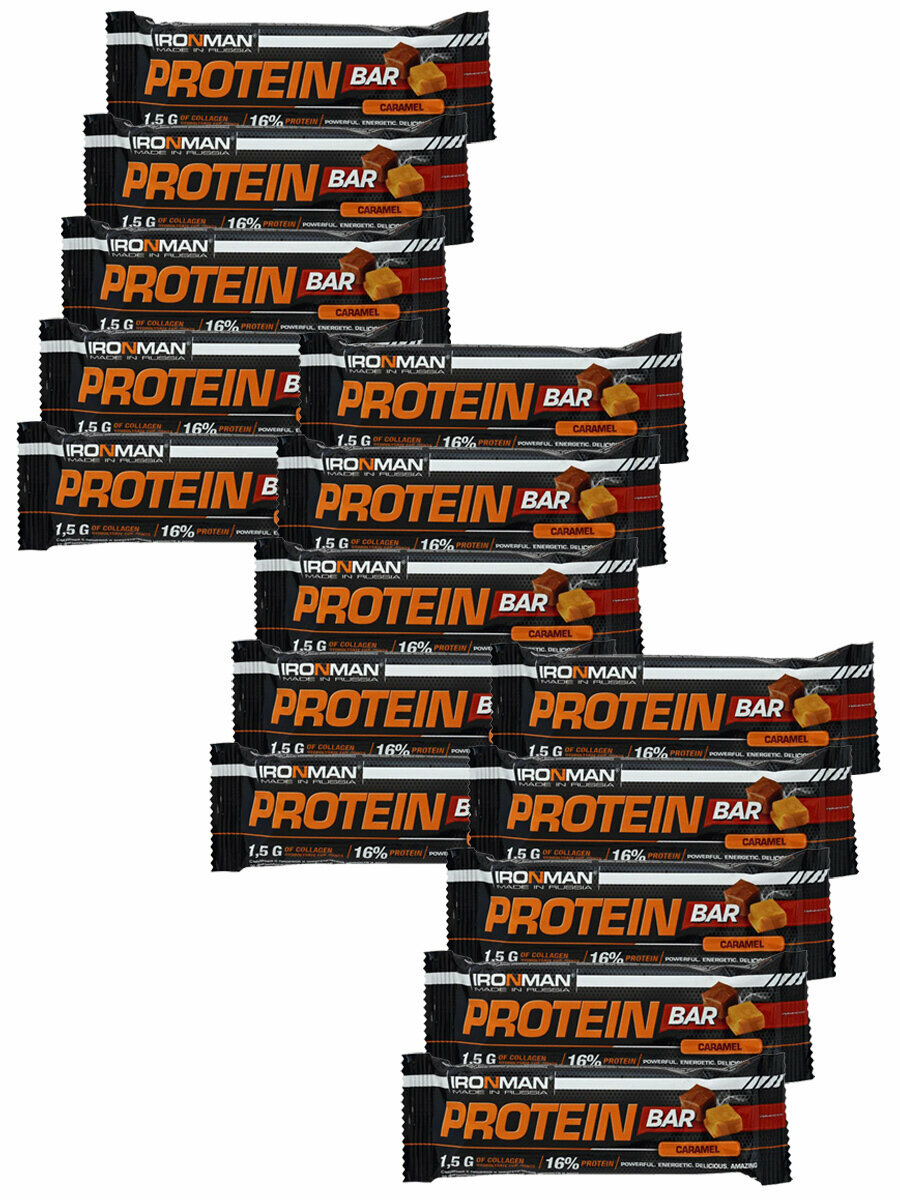 Ironman Protein bar с Коллагеном (Карамель) 15х35г / Протеиновый батончик в шоколаде для набора мышечной массы женщин и мужчин