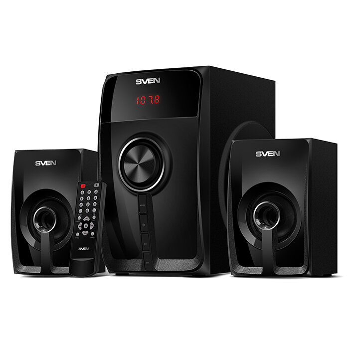 Колонки 2.1 SVEN MS-307 черные (20 Вт + 2 x 10 Вт, FM-тюнер, USB/SD, дисплей, ПДУ, Bluetooth)