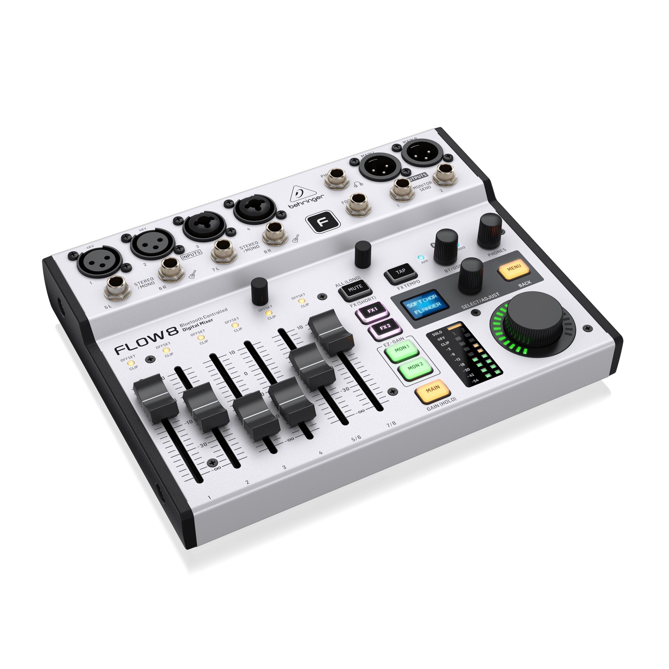 BEHRINGER FLOW 8 - цифровой микшерный пульт 4 TRS входа 2 XLR входа 2 XLR/TRS входа USB порт