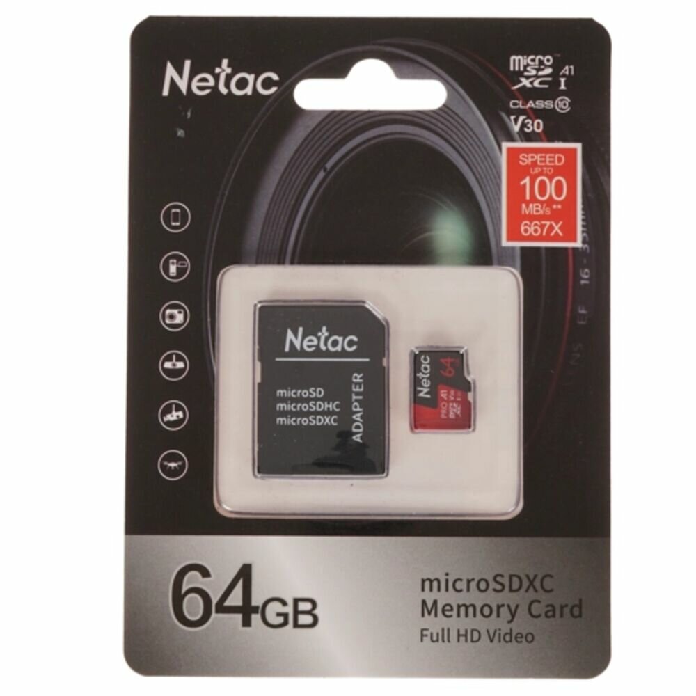 Карта памяти Micro SecureDigital 64Gb Netac SDXC class 10 (NT02P500PRO-064G-R) + SD adapter