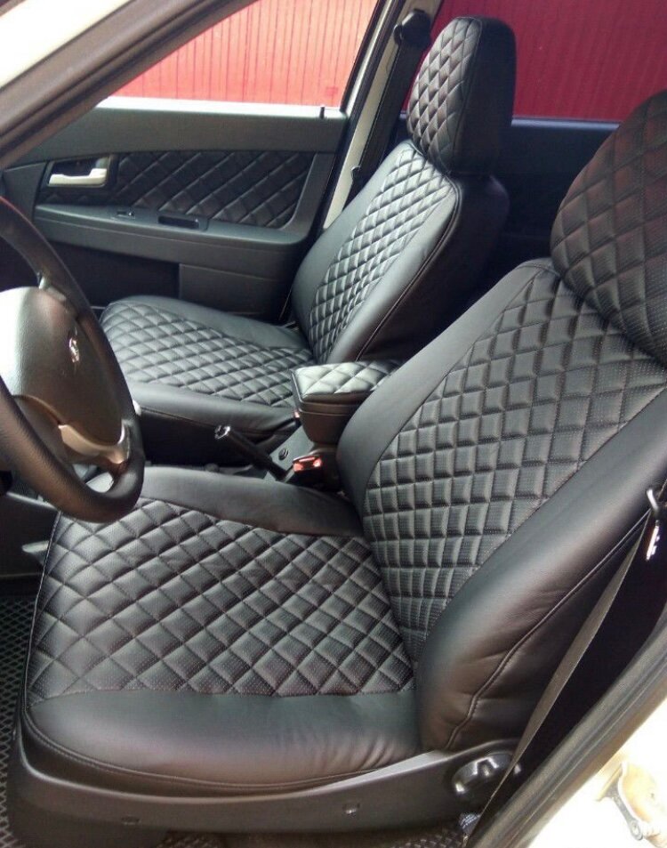 фото Автомобильные чехлы калина 1 2004-13 экокожа ромб черная нитка