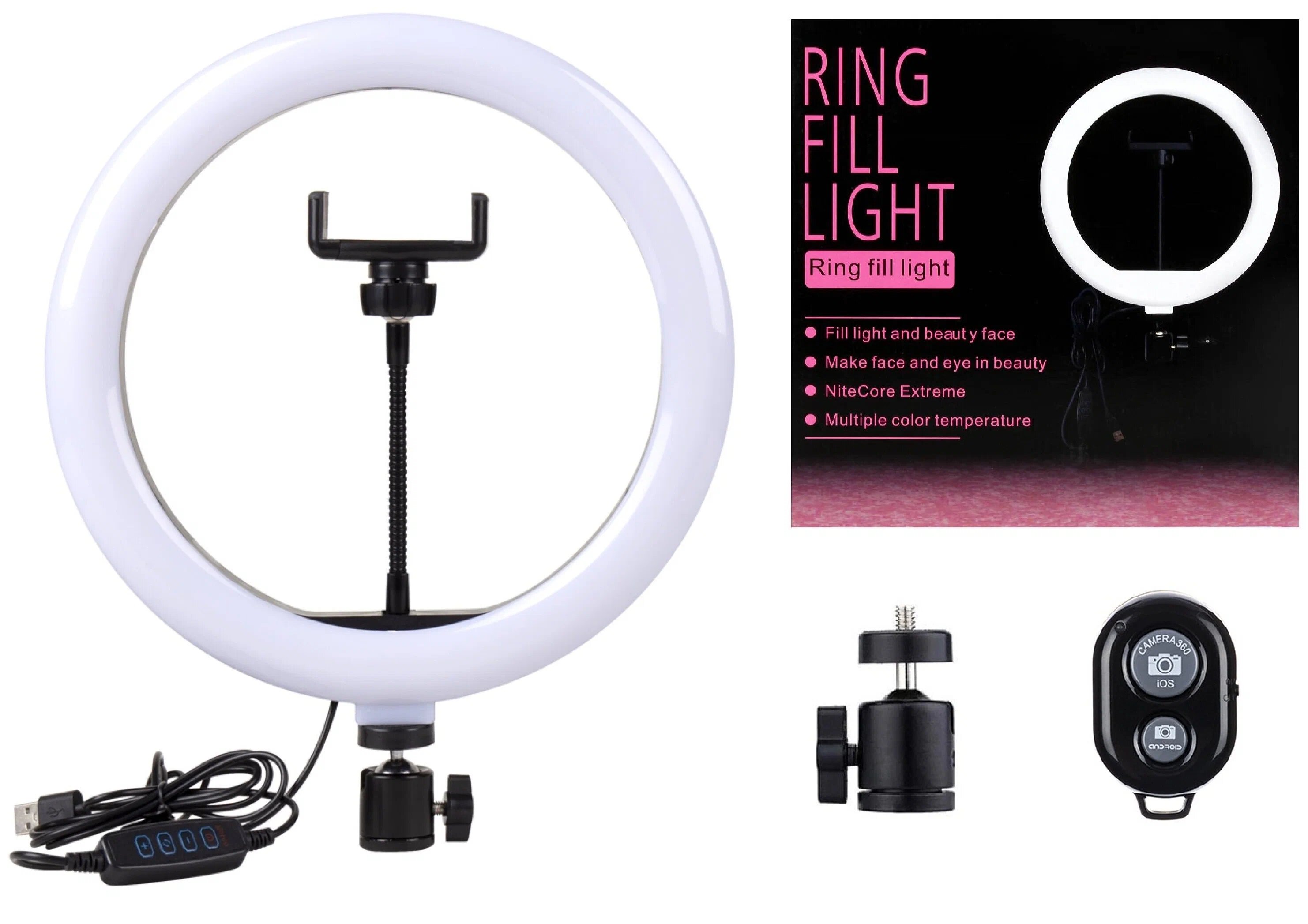 Кольцевая лампа 26 см (без штатива) + Bluetooth пульт + держатель для телефона "Селфи кольцо RING FILL LIGHT CXB-260"