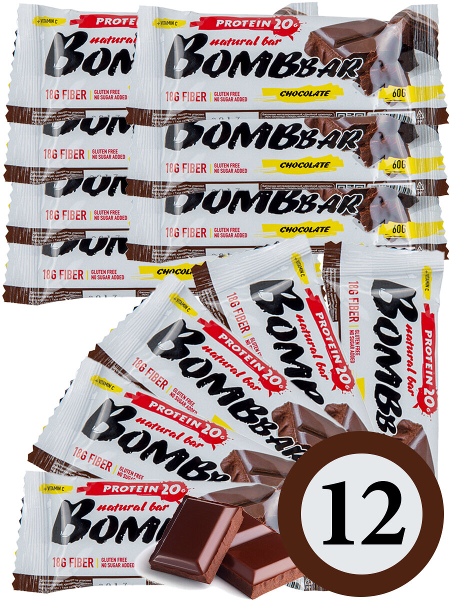 Протеиновый батончик Bombbar Protein Bar 12 x 60 г, Двойной шоколад