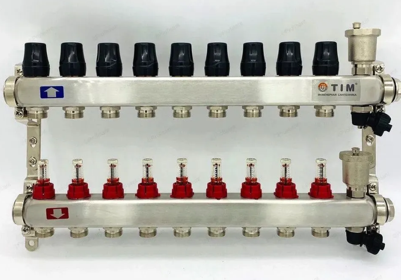 фото TIM Коллектор с расходомерами KCS5009 1" х 9 выходов из нерж. стали(без кранов) для теплого пола