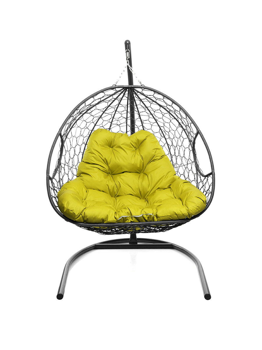 фото Подвесное кресло M-group для двоих с ротангом серое жёлтая подушка