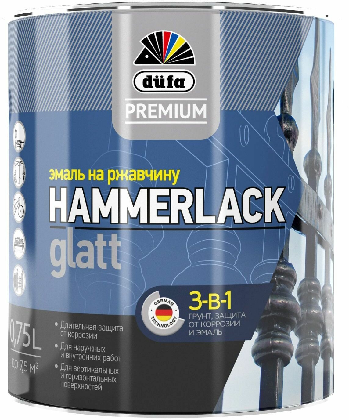 Эмаль по ржавчине 3в1 Dufa Premium Hammerlack винно-красная RAL 3005 глянцевая 075 л