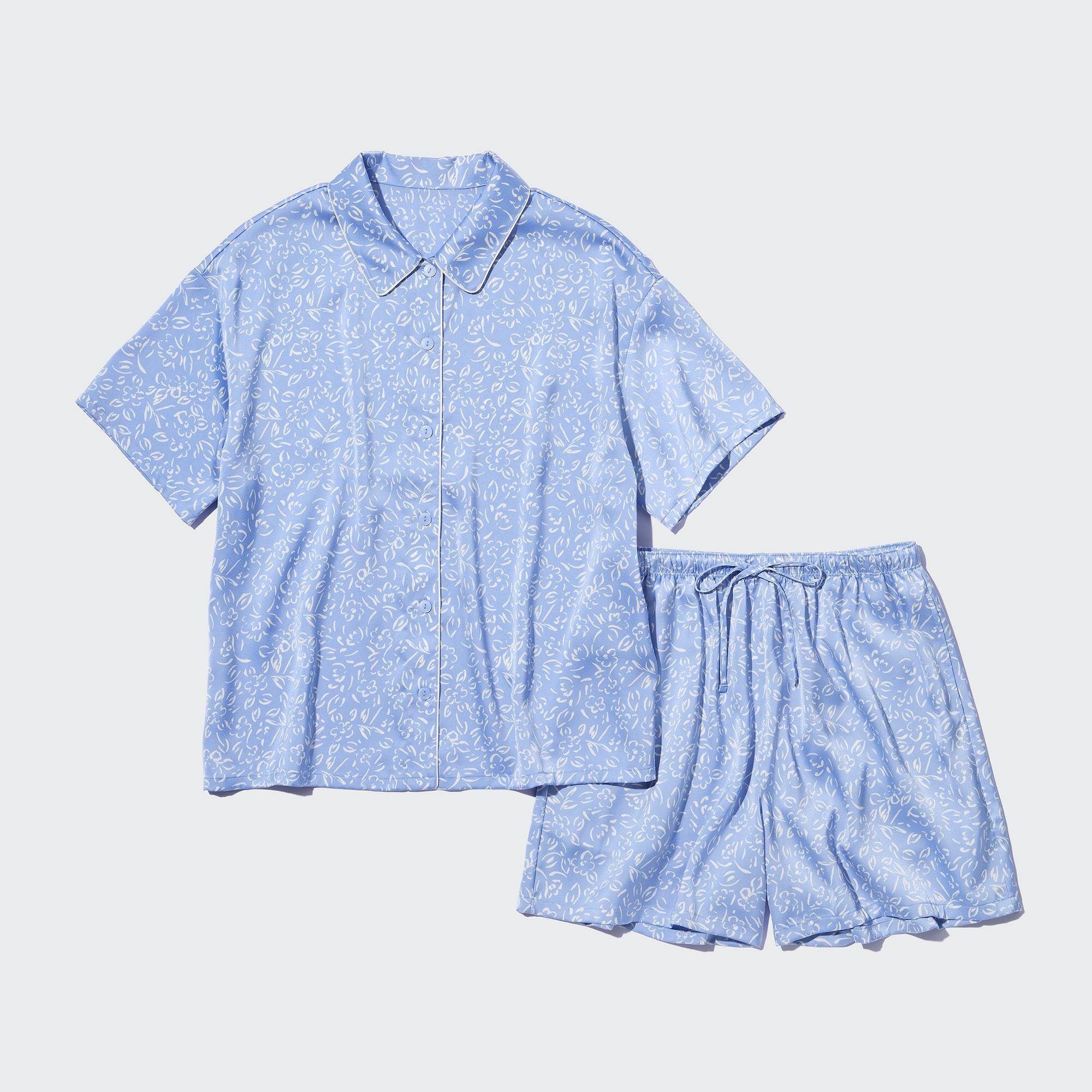 Узорчатая атласная пижама с короткими рукавами, темно-синий, M - фотография № 2